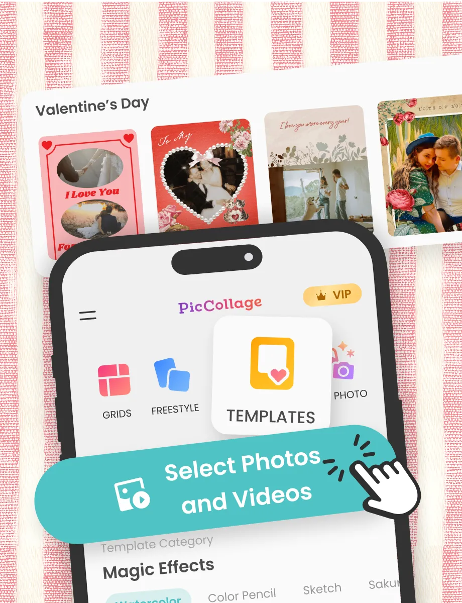 Personalized Valentine's Day greeting cards being made with photos and templates in the PicCollage app
