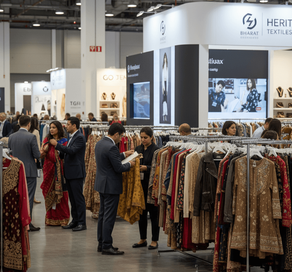 Global apparel buyers and Indian exporters networking at India International Garment Fair 2026, exchanging business cards and discussing sourcing opportunities at a buyer-only B2B trade show in New Delhi.