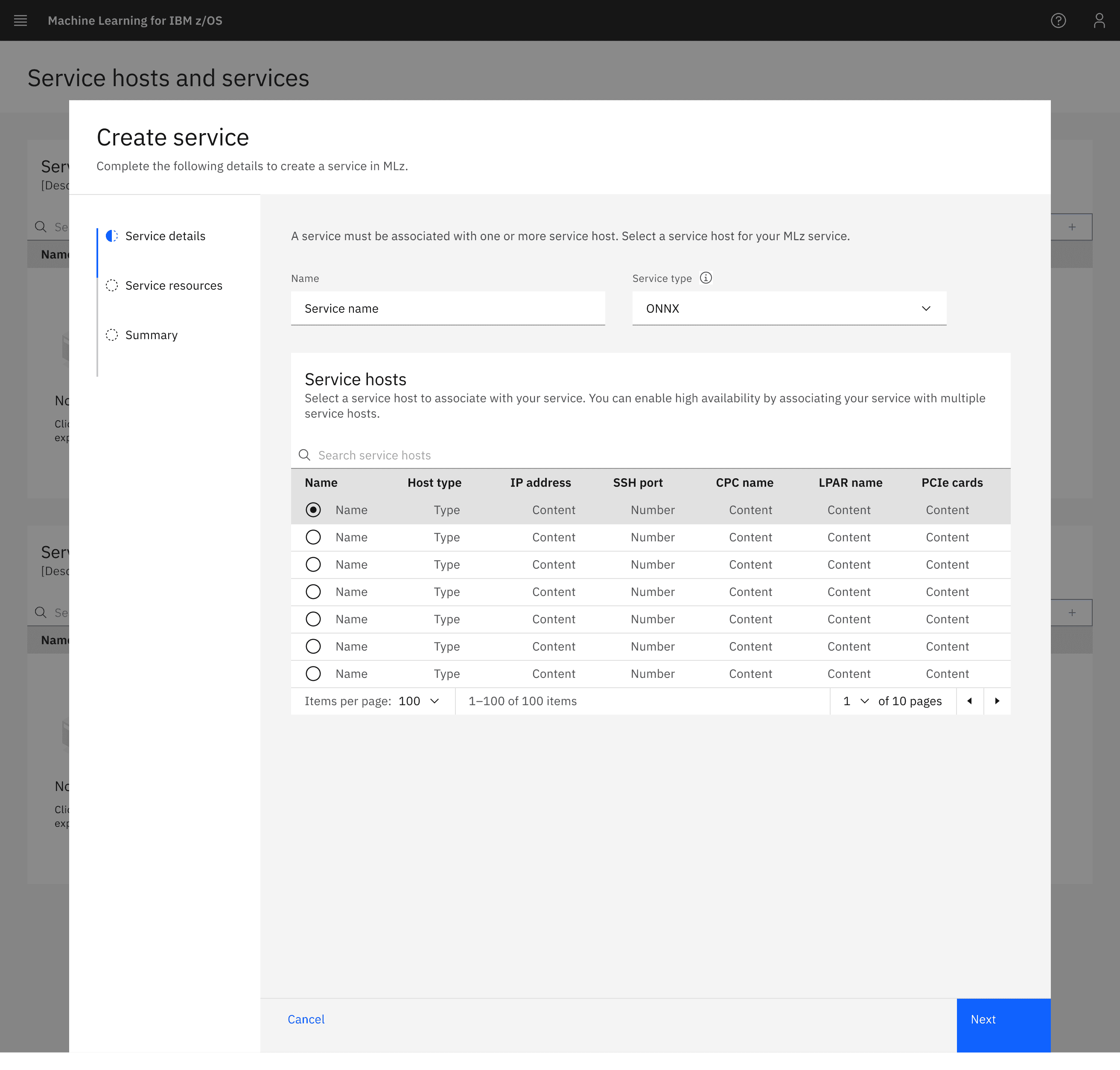 Service details step in the Create service flow