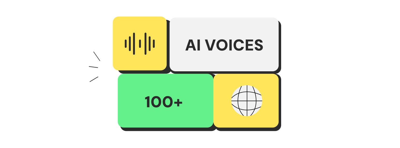 A graphic showing a speech bubble with "AI Voices," illustrating the concept of AI-driven voiceover capabilities.