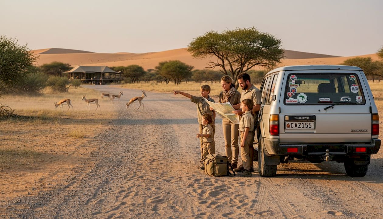 Family planning safari route beside SUV in Namibia