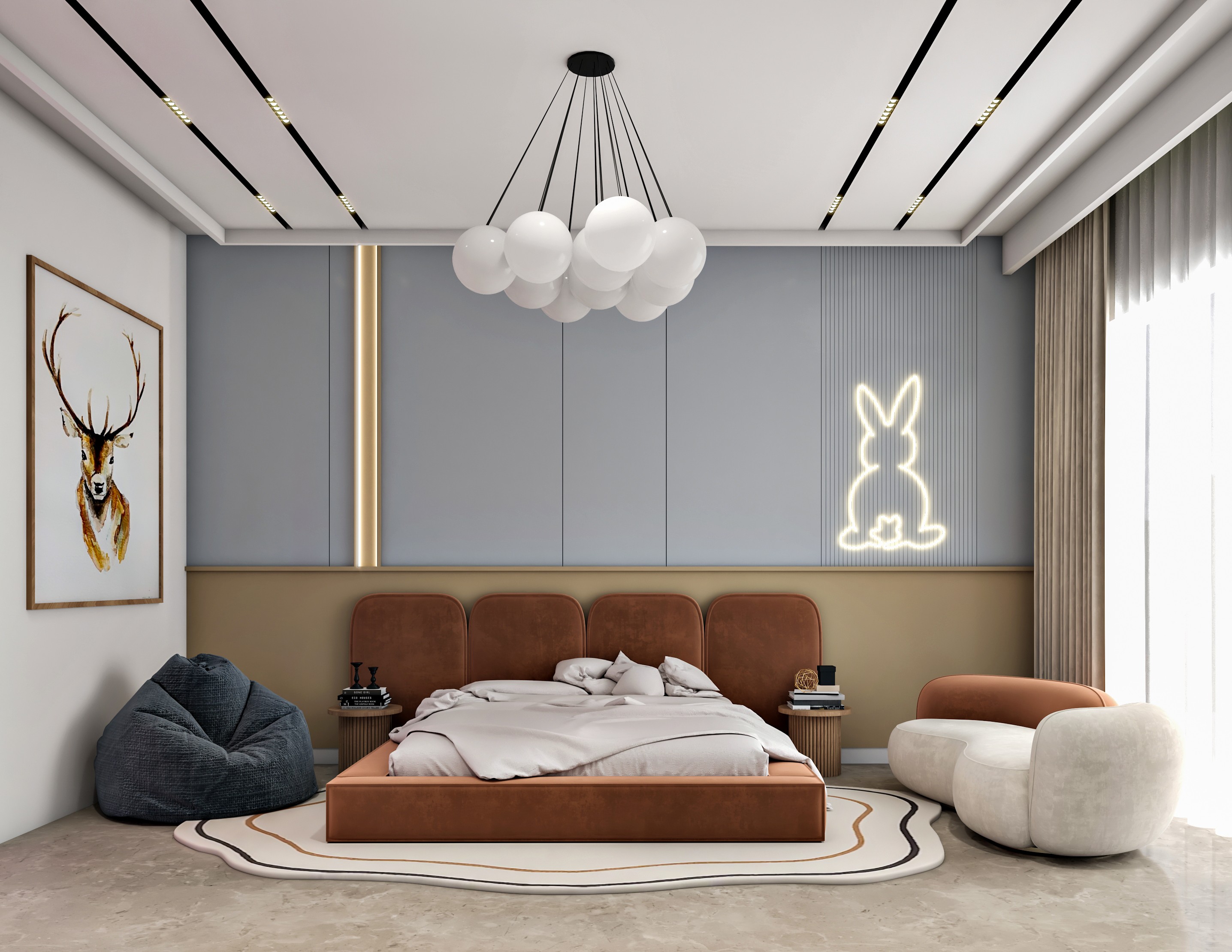 Minimalist living space featuring oak flooring, timber wall panels and panoramic windows with natural light.