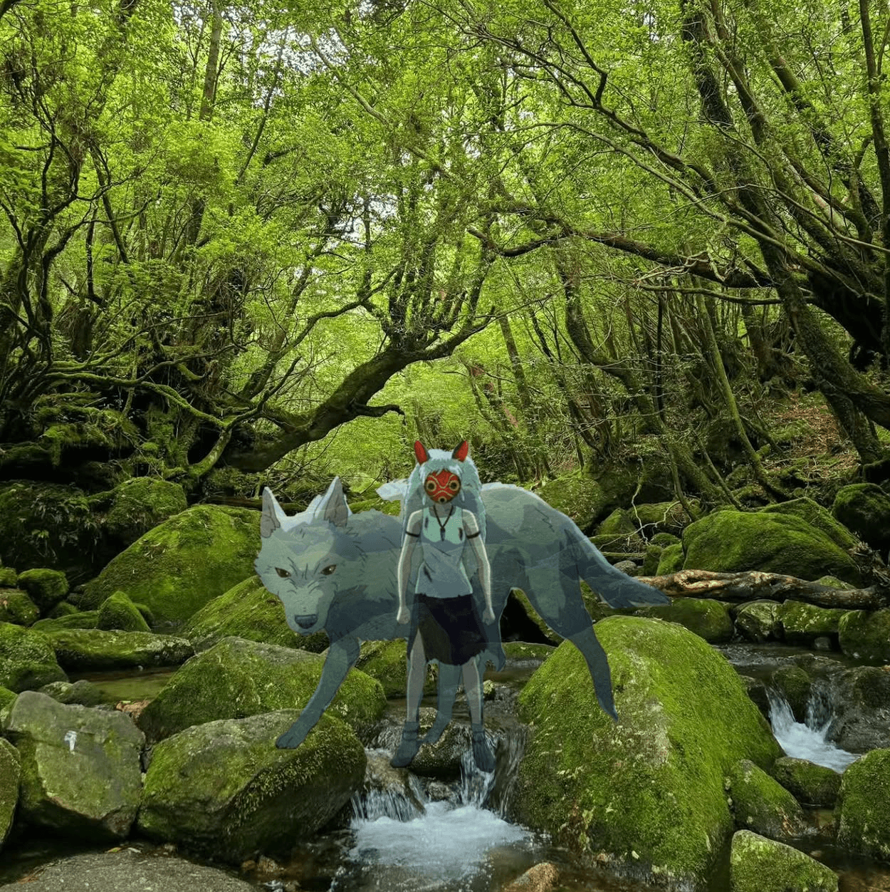 Princess Mononoke and her wolf mother digitally composited into a lush green stream scene in Yakushima, Japan