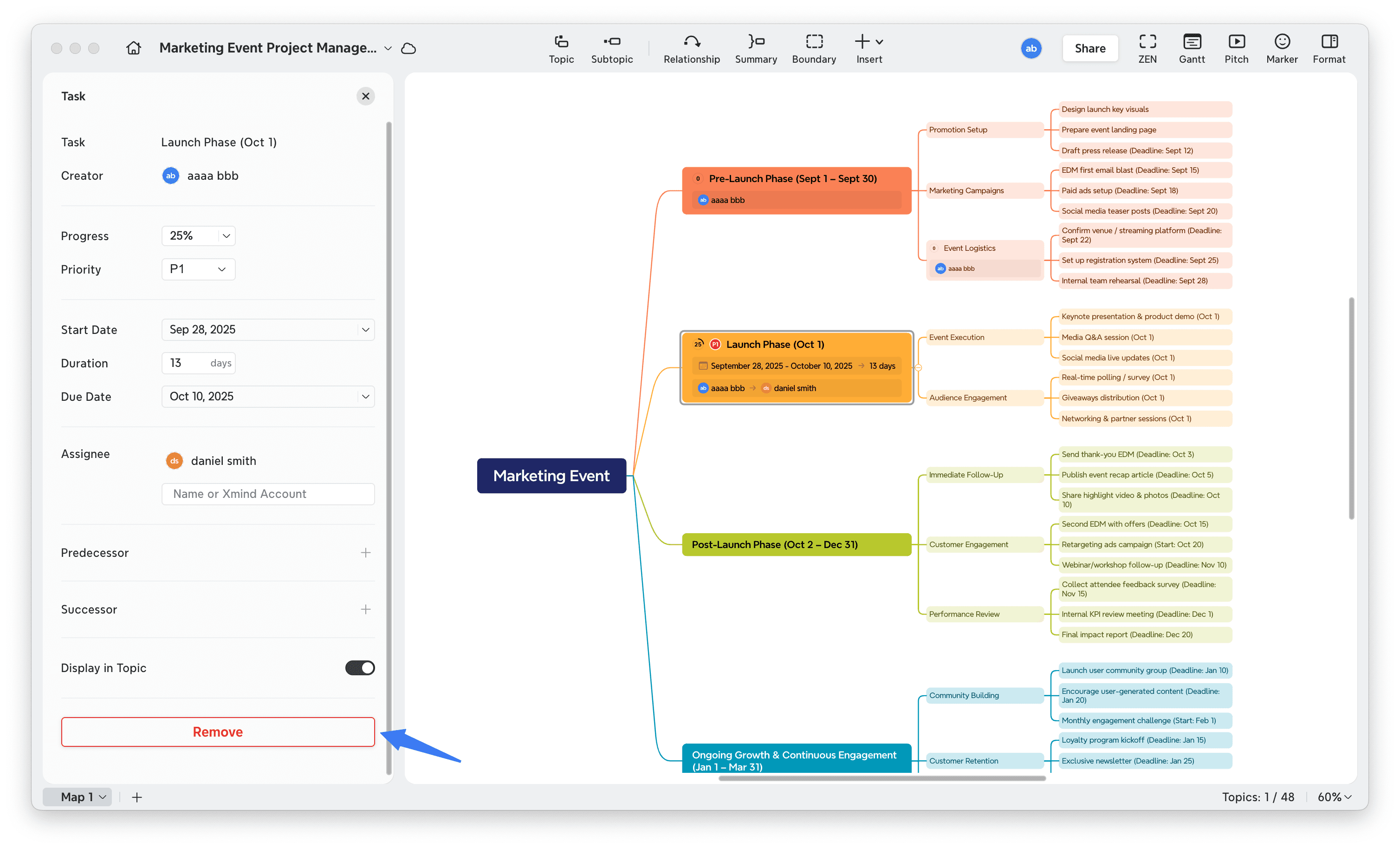 Task management interface with timelines and assignments