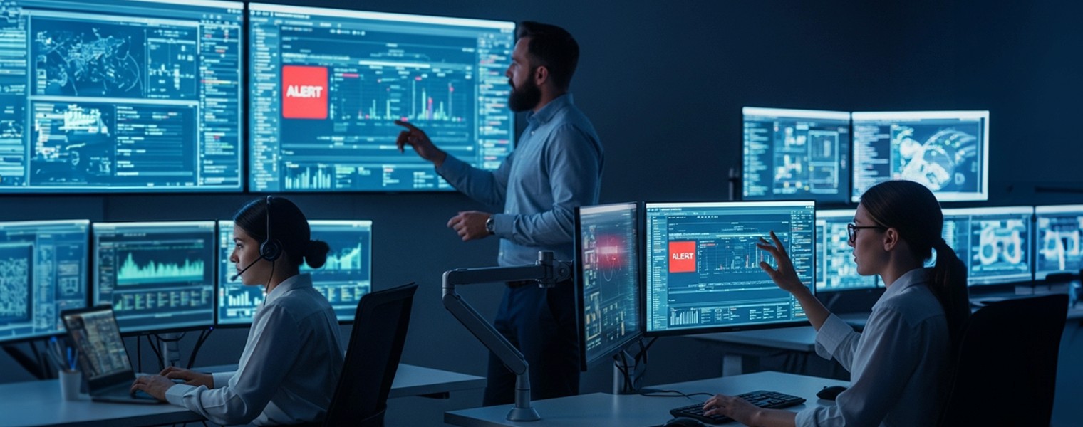 People at an office with several monitors