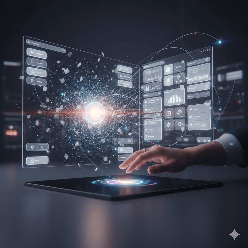 Holographic interface with hand interacting with floating UI panels and data visualizations