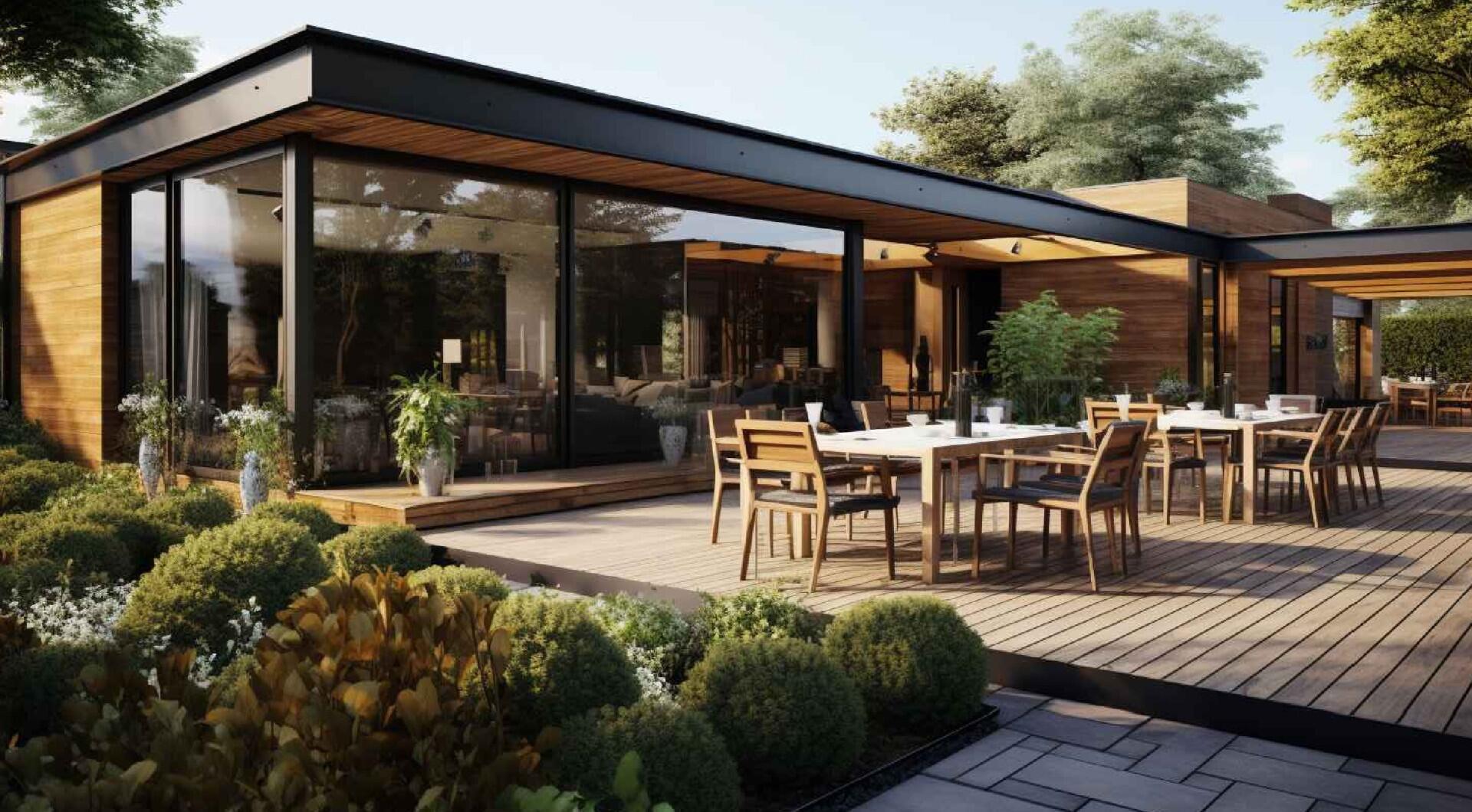 A modern home rendering featuring a spacious patio and a Courtyard by Marriott area of 14,800 square feet.