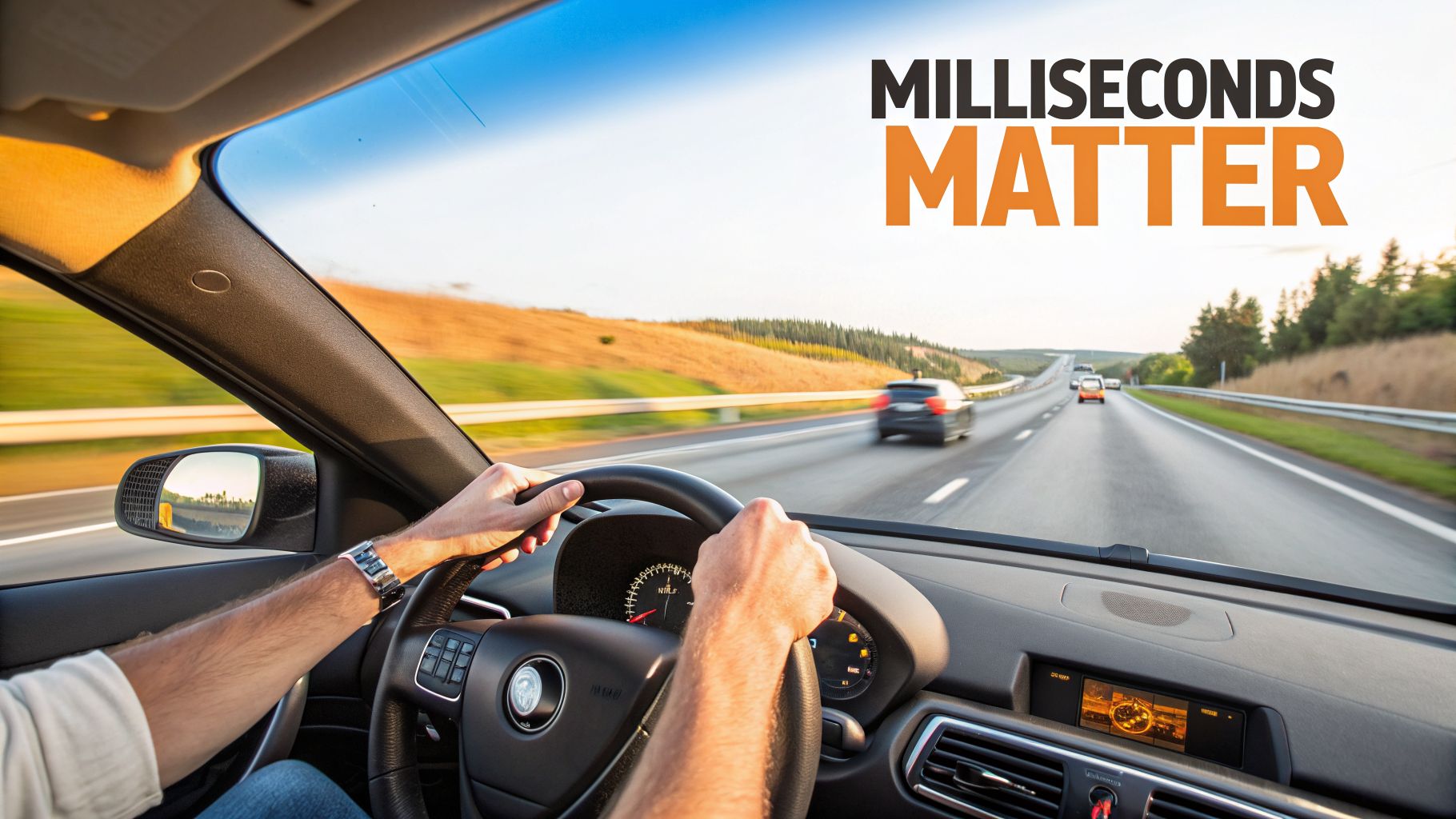 Driver's perspective inside a car on a highway with 