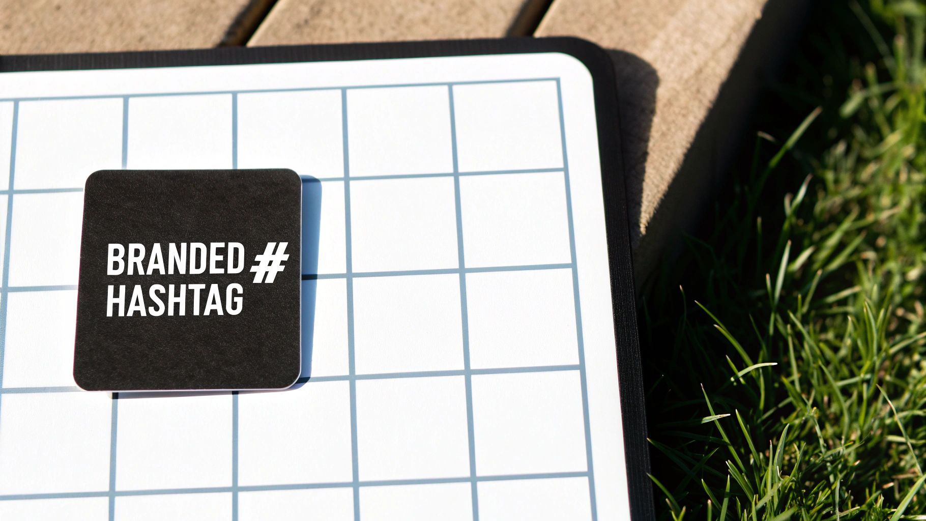 A black square card with the text 'BRANDED # HASHTAG' on a white grid surface, with grass nearby.