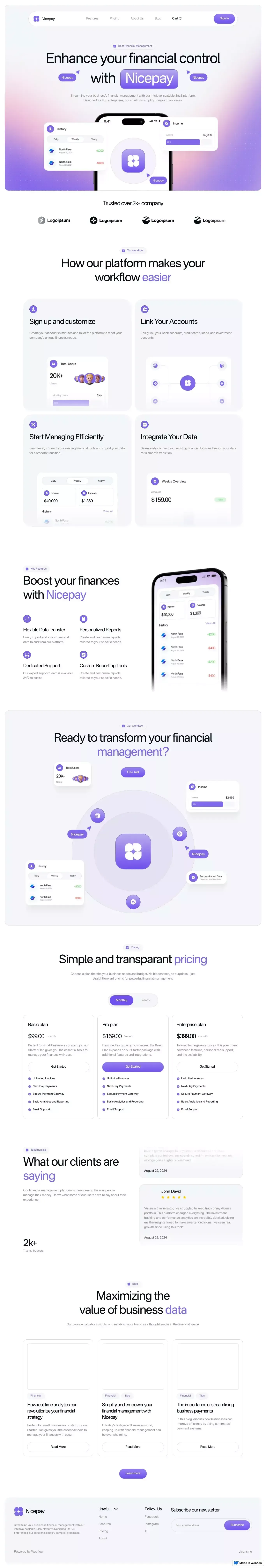 Nicepay - Webflow Ecommerce website temp landing page screenshot showcasing Tech and Finance design