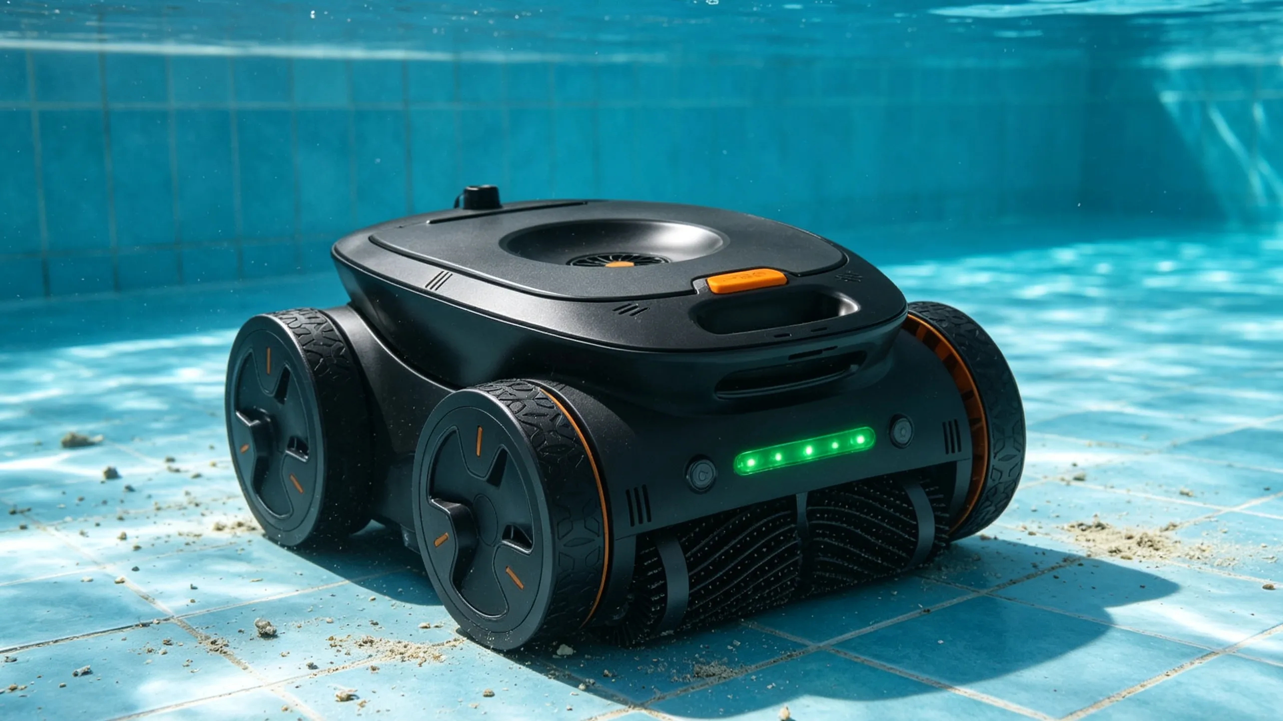 Cordless pool robot stopped on the pool floor after low battery