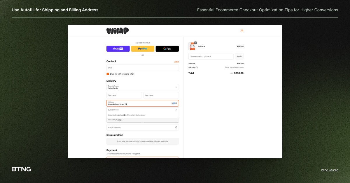 Ecommerce checkout form with autofilled address fields.