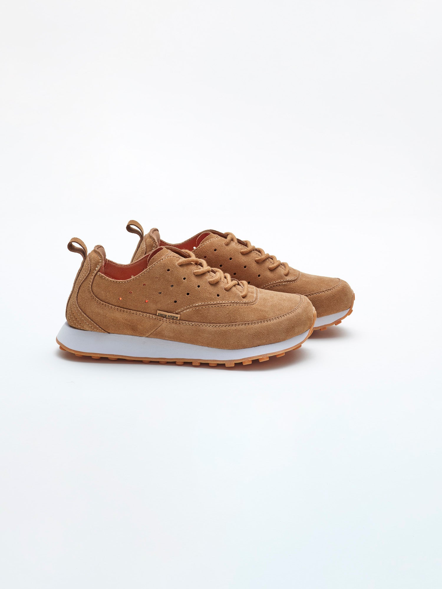 pierre saigne ps_002 sneakers, almond colorway, tan suede, leather, side view