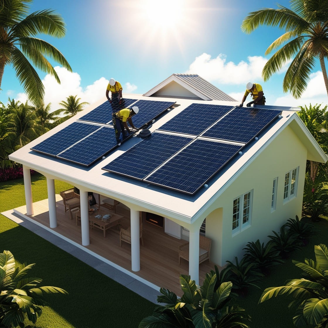 Installation de panneaux solaires sur le toit d’une maison moderne en Guadeloupe, avec des techniciens en action sous un soleil tropical.