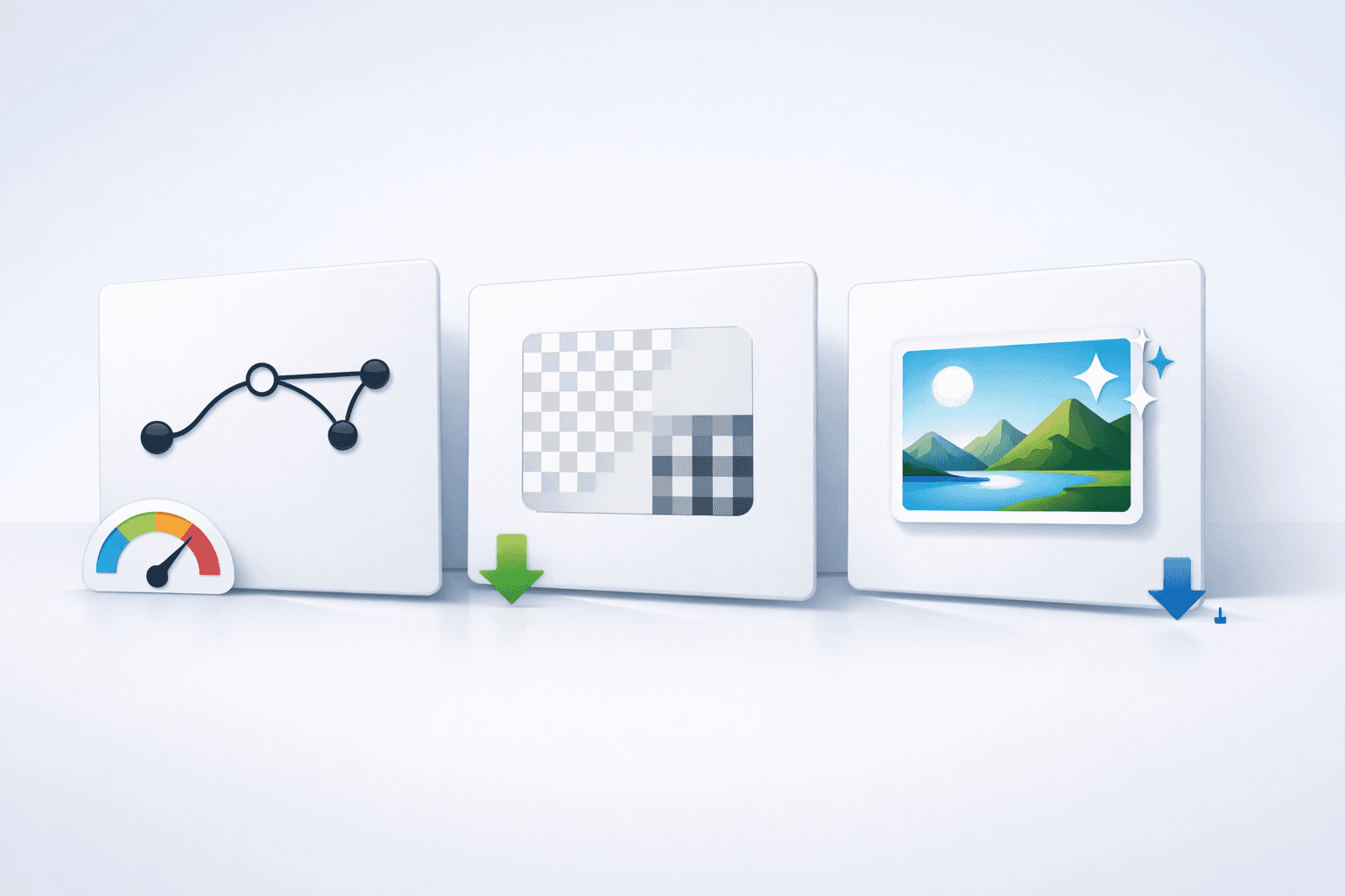 Comparison illustration showing SVG, PNG, and WebP cards with icons representing vectors, transparency, and photo compression.