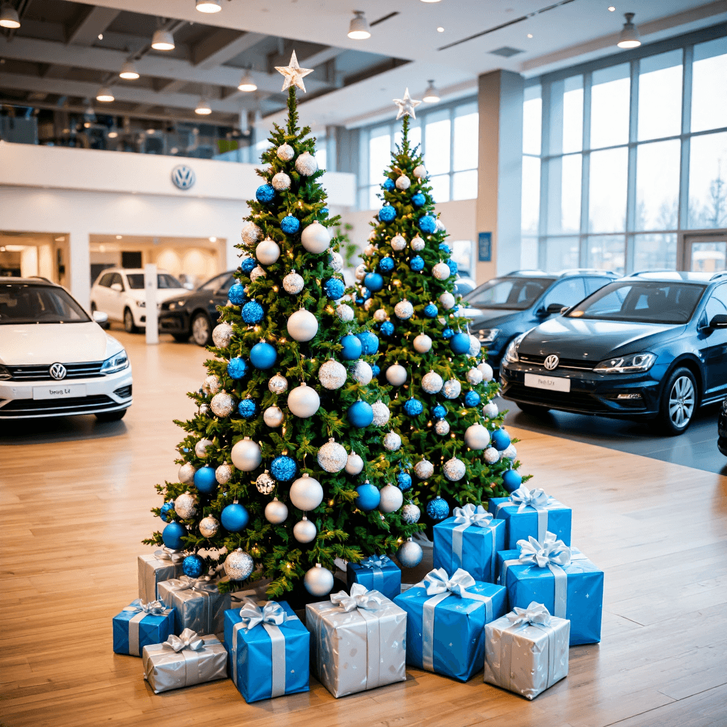 product photography of decorated Christmas trees with ornaments and gifts