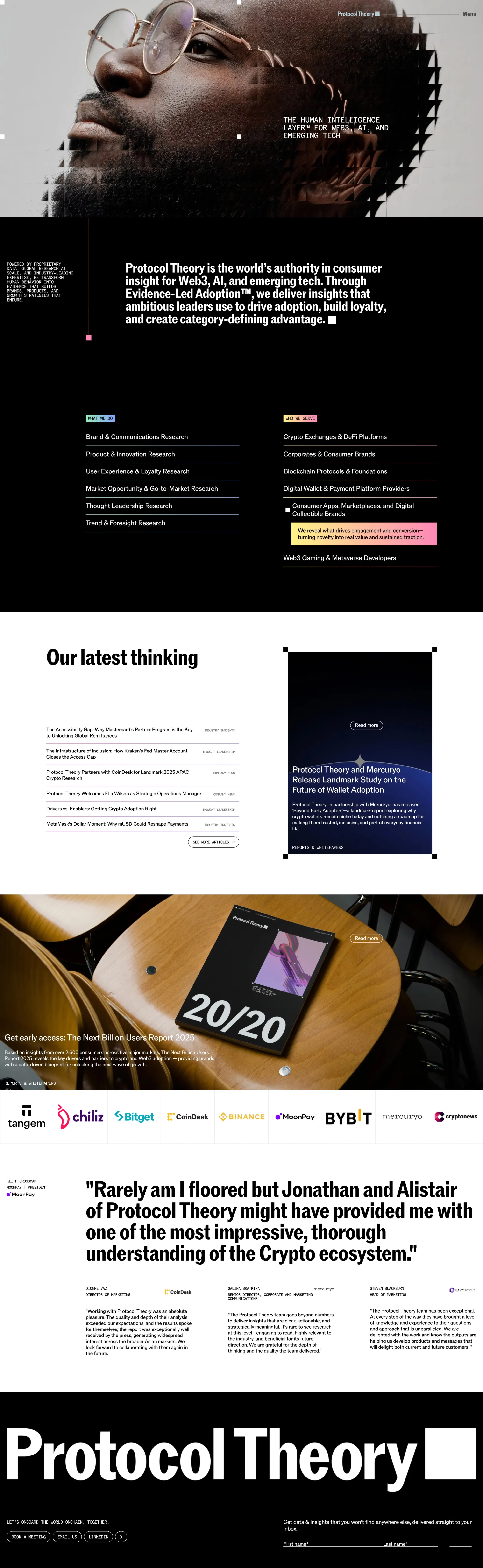 Protocol Theory landing page screenshot showcasing AI and Tech design