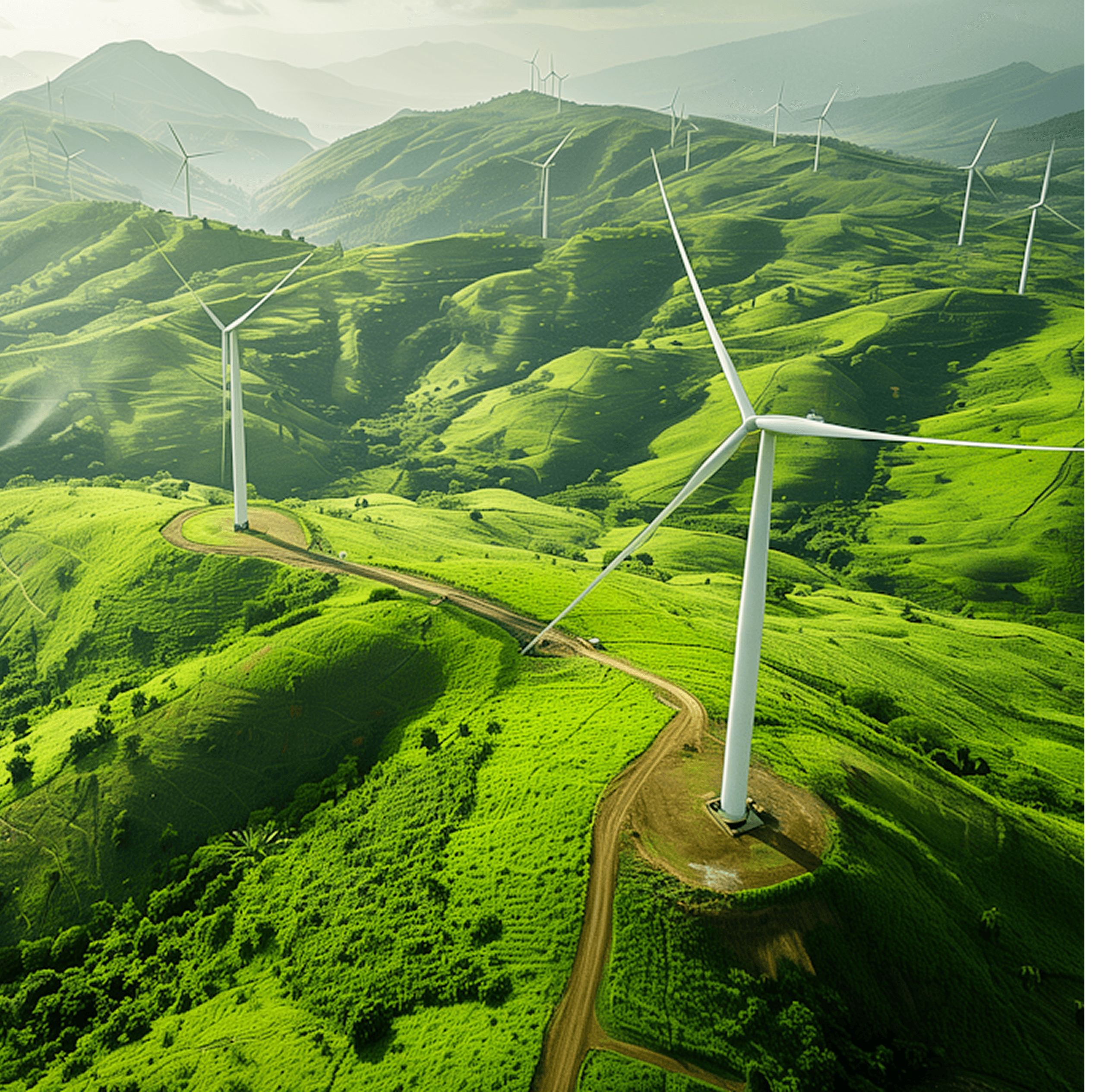 Wind turbines on lush green hills under a bright sky.