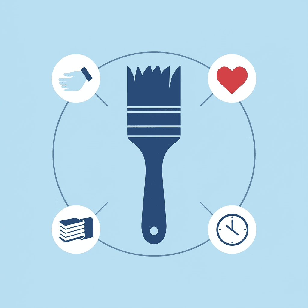 Central art project icon connected to four developmental benefits: hand strength, pattern recognition, emotional expression, and cognitive skills