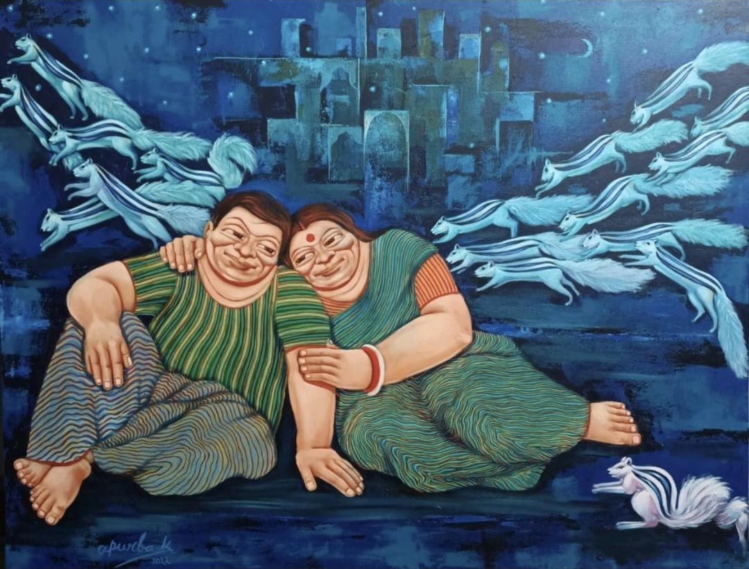 herd of sheep on road painting