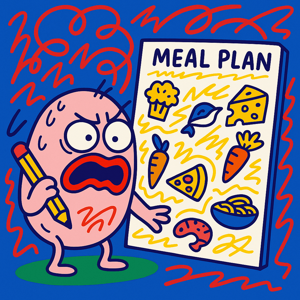 An image of an angry potatoes in front of a whiteboard that shows different ingredients and the title "meal plan" in vector style