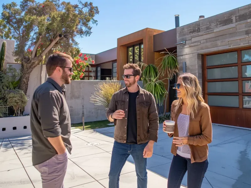 Real estate agent standing outside a property discussing it with potential buyers.