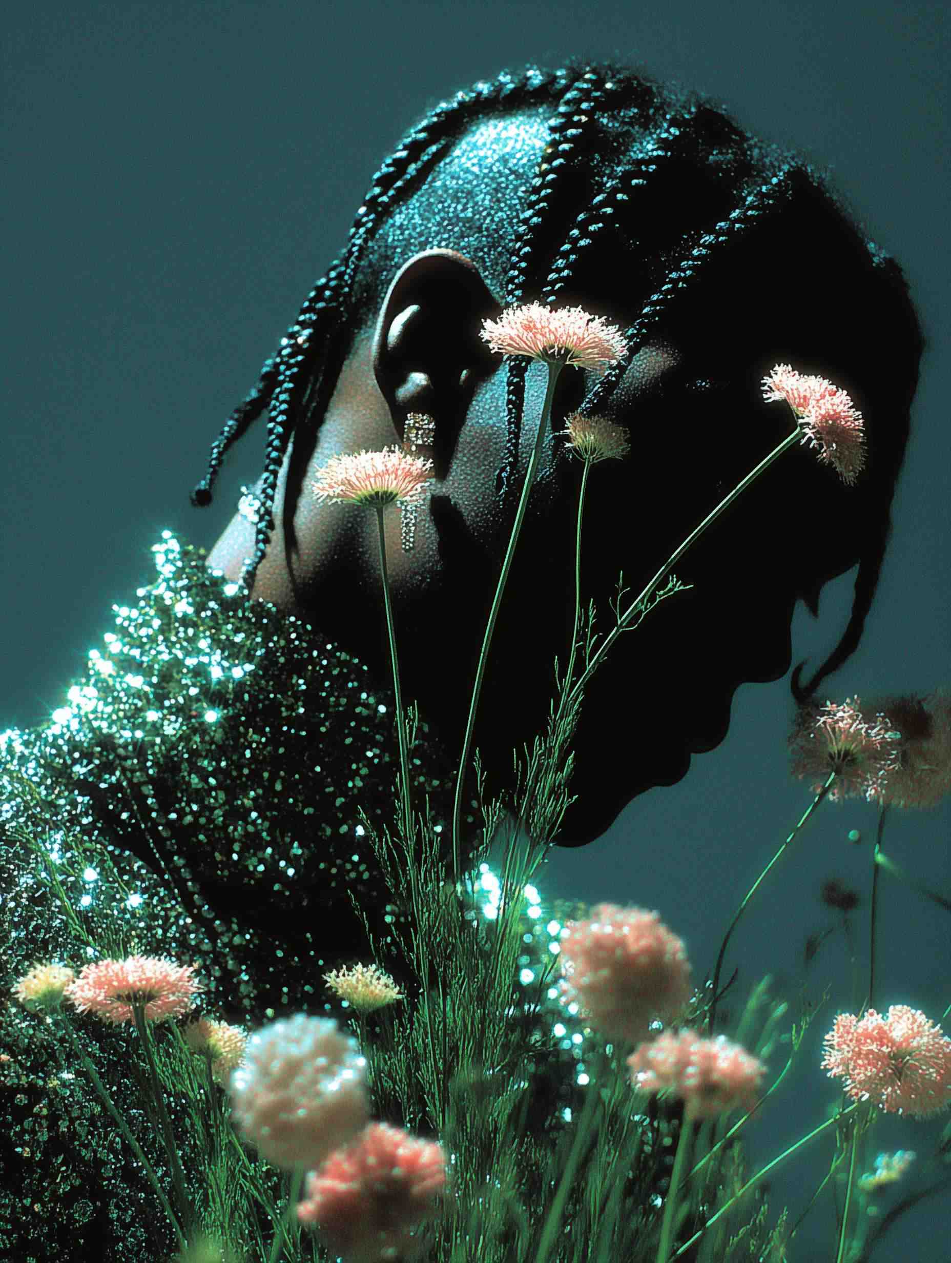 Black silhouette with glowing pink flowers