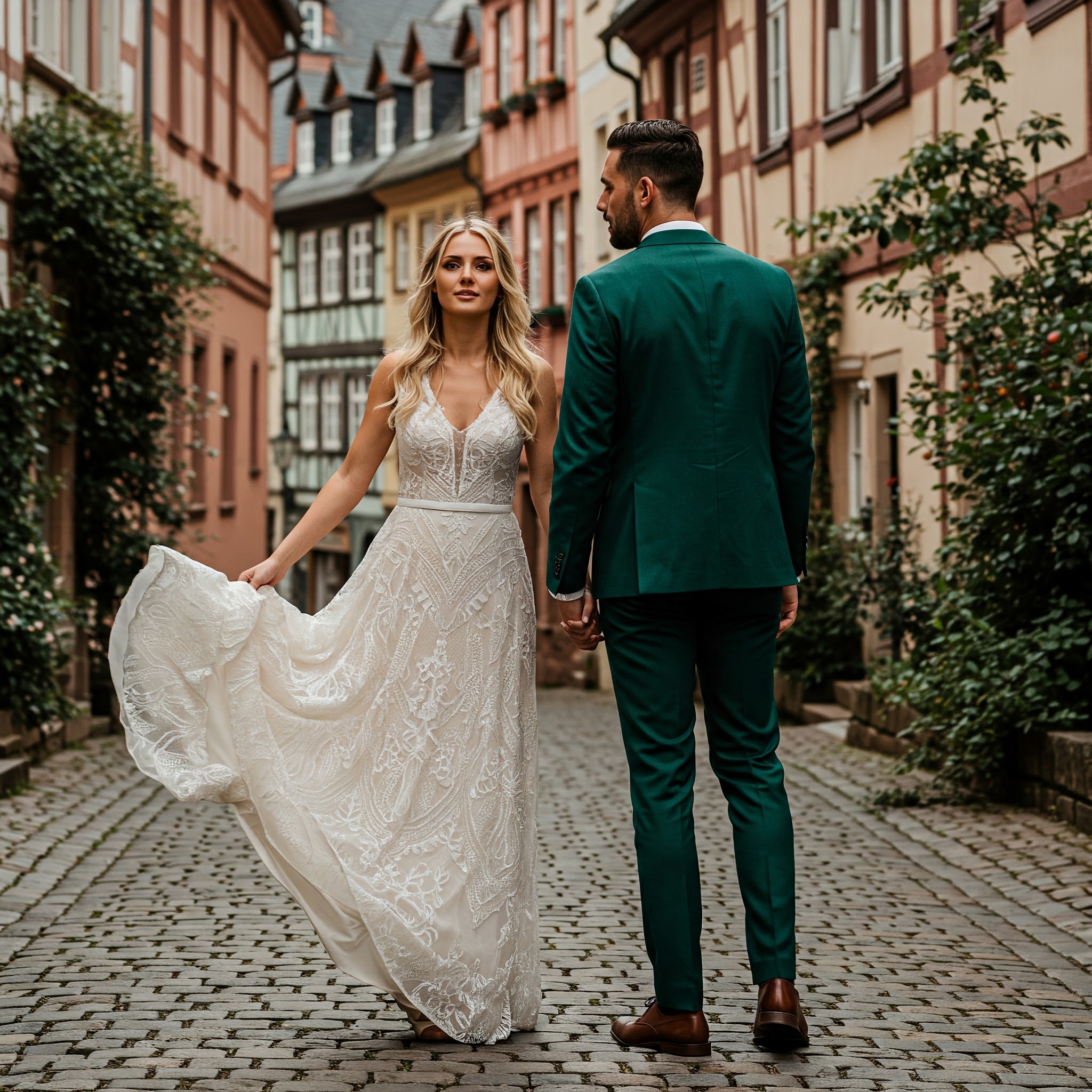 Ein Brautpaar posiert für ein Foto inmitten der Altstadt von Bingen, umgeben von Fachwerkhäusern und Kopfsteinpflaster. Die Braut trägt ein traditionelles Dirndl und der Bräutigam eine Lederhose.