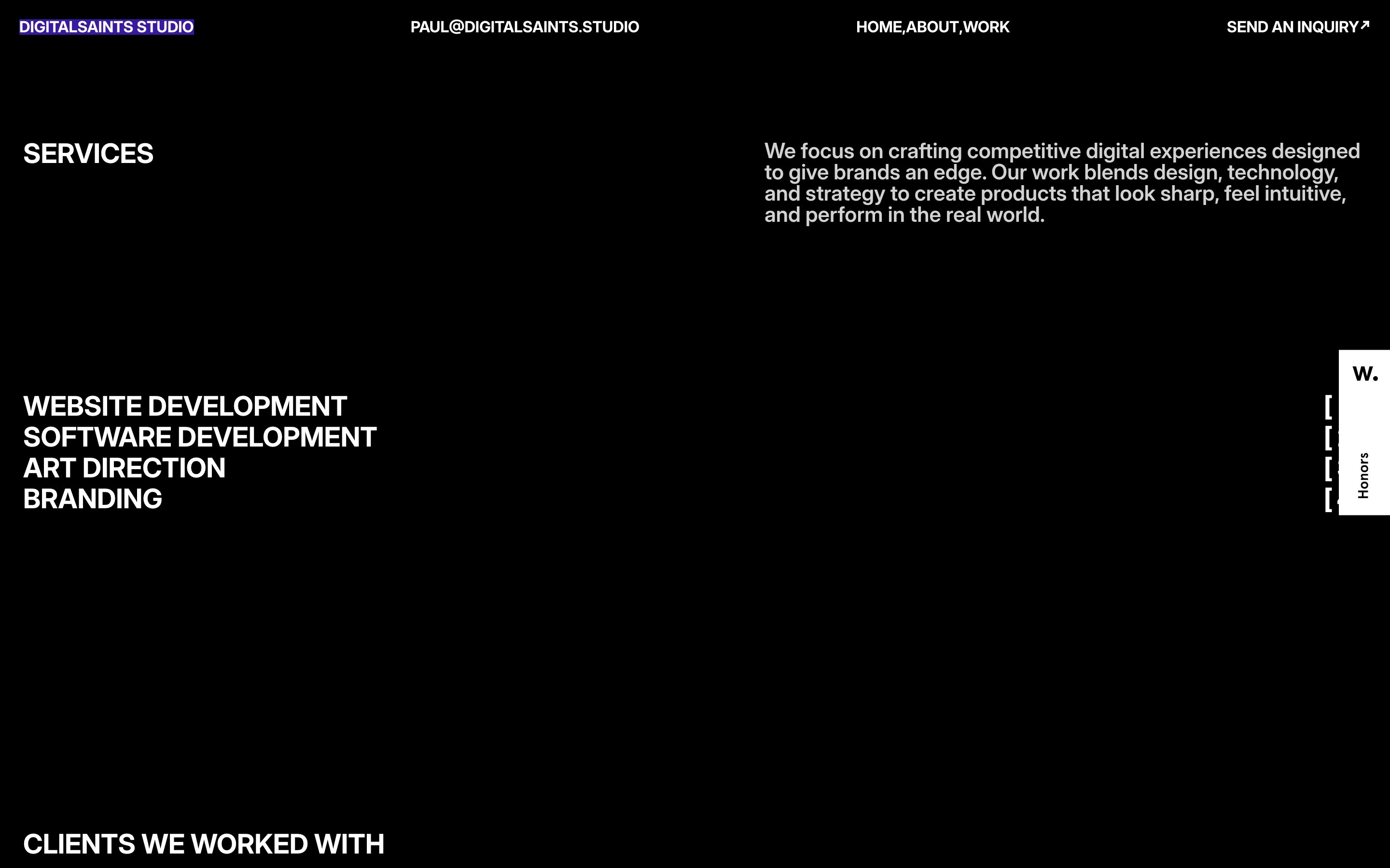Black background with white text: "SERVICES, WEBSITE DEVELOPMENT, SOFTWARE DEVELOPMENT, ART DIRECTION, BRANDING." Right side text block.