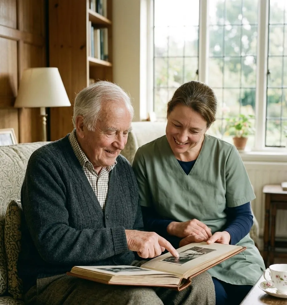 A resident and his carer looking through a photo album together