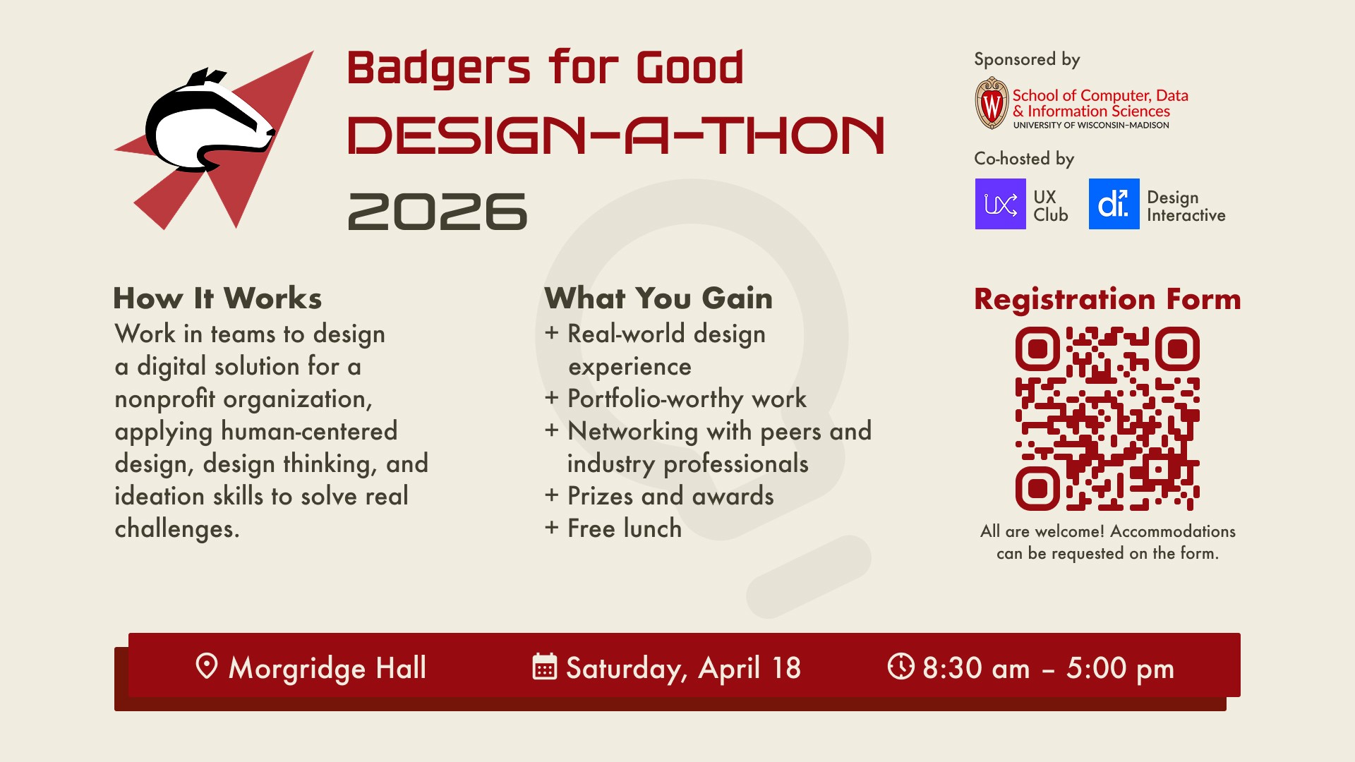 Badgers for Good Designathon Infographic - Morgridge Hall on 4/18/26 from 8:30am-5:00pm. Registration linked in blog post.