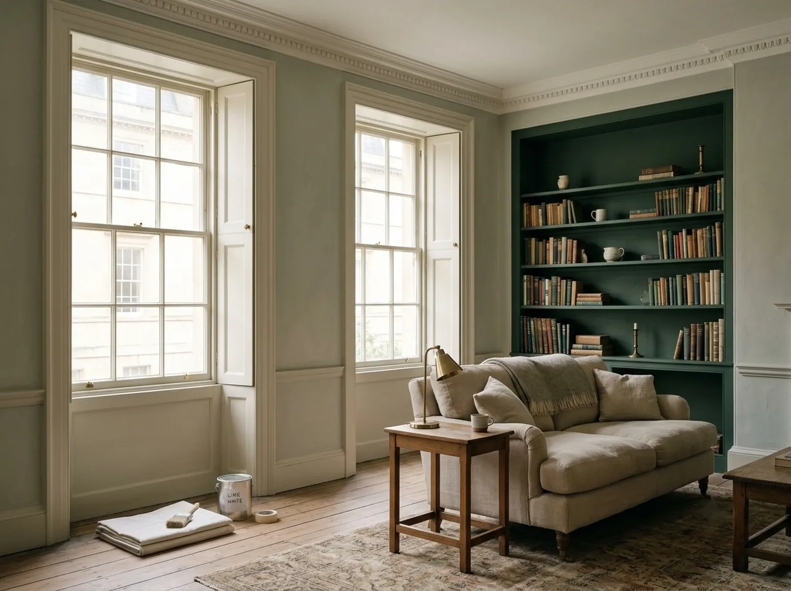 A tall living room in soft grey-green and lime white with a forest green bookcase alcove