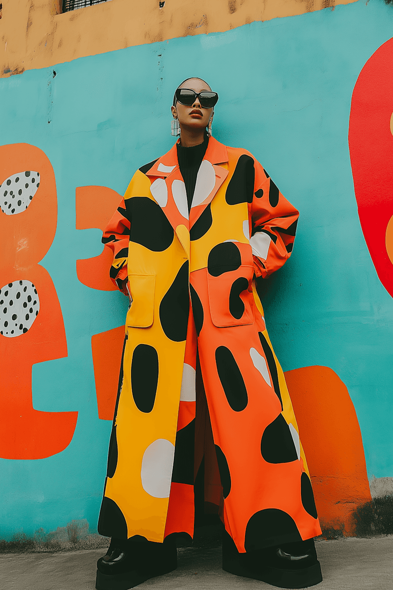 A person stands in front of a colorful mural, wearing a vibrant, patterned coat of orange and yellow.