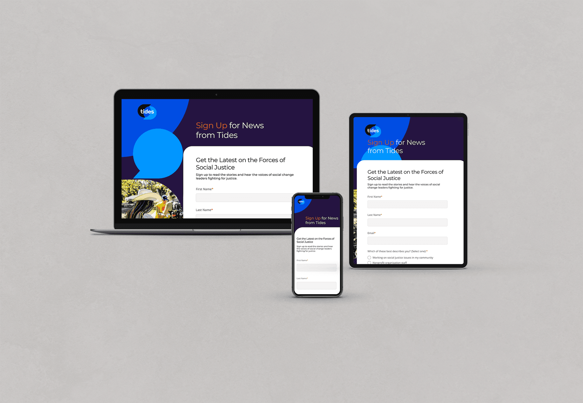 A email sign-up landing page for Tides, displayed on laptop, tablet, and mobile screens, click on image to visit landing page.