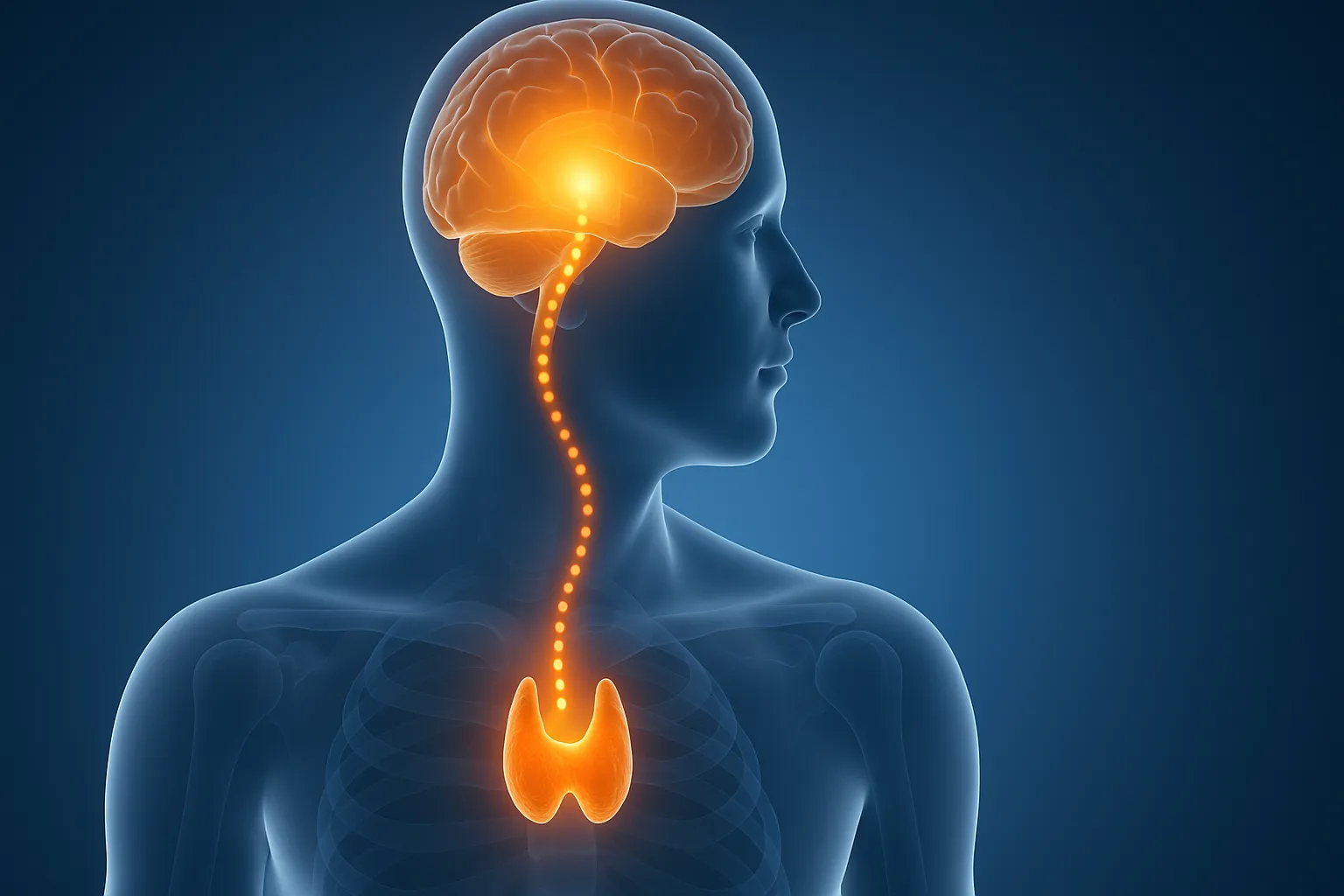 Glowing brain connected by a dotted pathway to the thyroid gland in a semi-transparent human profile