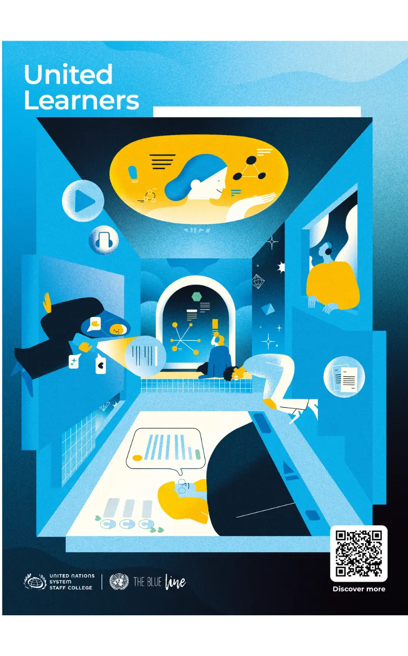 a stylised poster named 'United Learners' showing people in space with different screens and tools