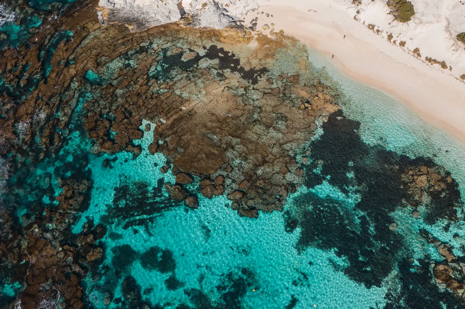 Aerial looking down on reef and turquoise shallows meeting a white sand beach