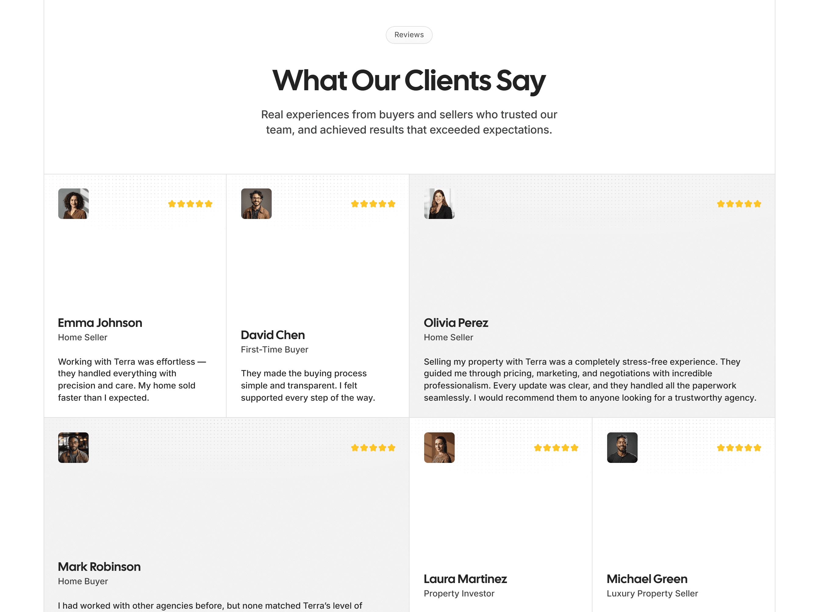 Testimonials grid showing client photos, names, roles, star ratings, and written reviews under the heading “What Our Clients Say”.