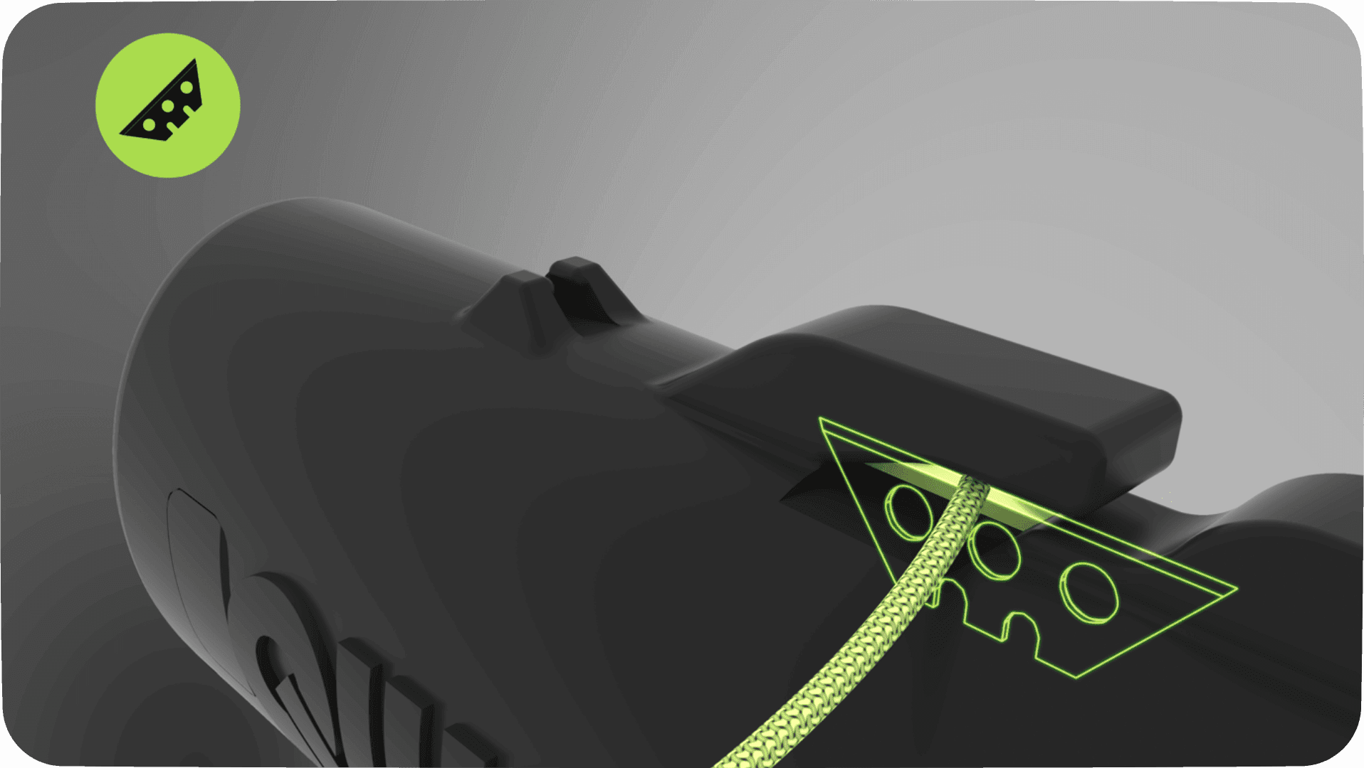 Close-up 3D rendering of a dark product surface with a glowing green triangular icon resembling cheese, highlighting a textured internal component or pathway.