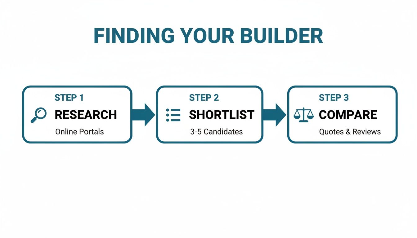 A three-step infographic showing how to find a builder: research, shortlist, and compare options.