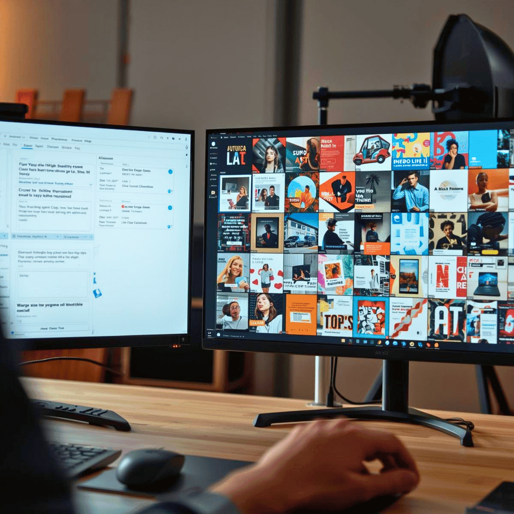 Estación de trabajo con dos monitores mostrando un flujo de trabajo con inteligencia artificial generativa: una interfaz de prompting a la izquierda y una galería de activos creativos y moodboards generados a la derecha.