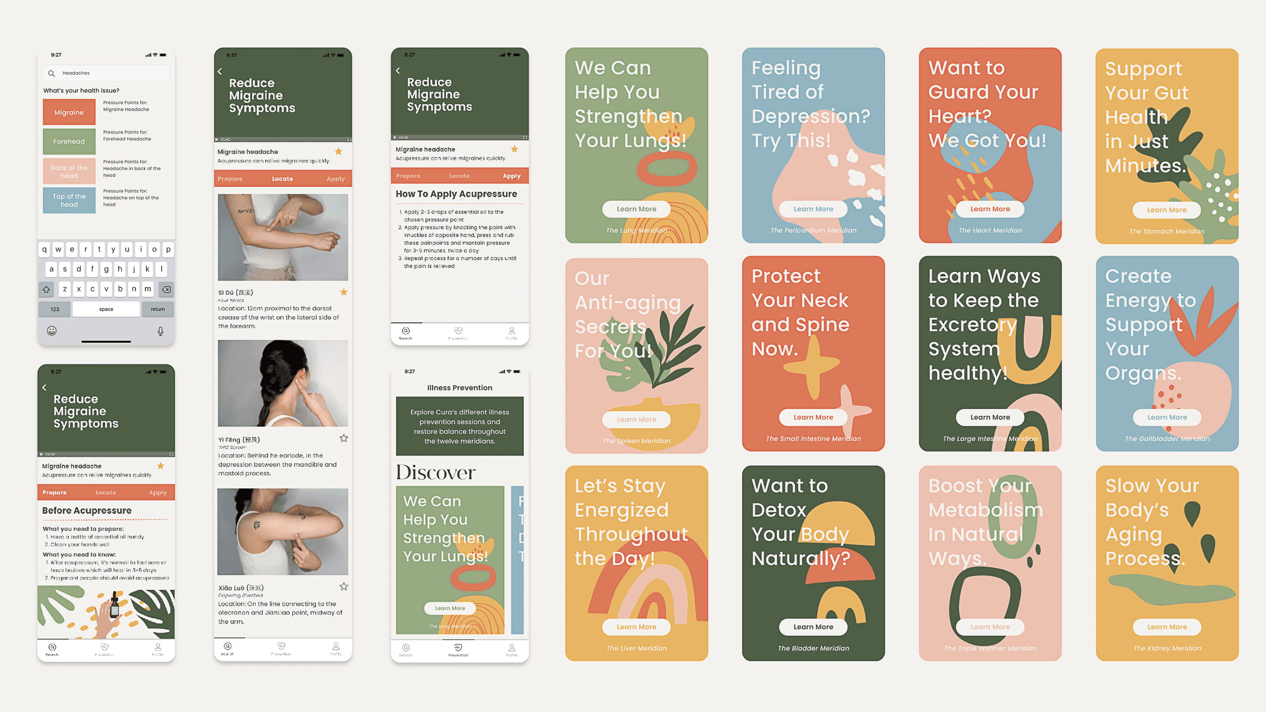 A grid of screenshots displays various design elements and text related to health and wellness. The top row shows “Reduce Maskne Symptoms” with images of hands and text boxes. The middle row includes “Reduce Maskne Symptoms” with text boxes and images. The bottom row shows “Infection Prevention” with text boxes and images. The right side displays “We Can Help You Strengthen Your Lungs!” and “Protect Your Neck and Spine Now.” Other screenshots show “Learn Ways to Keep the Excretory System Healthy!” and “Boost Your Metabolism in Natural Ways.”