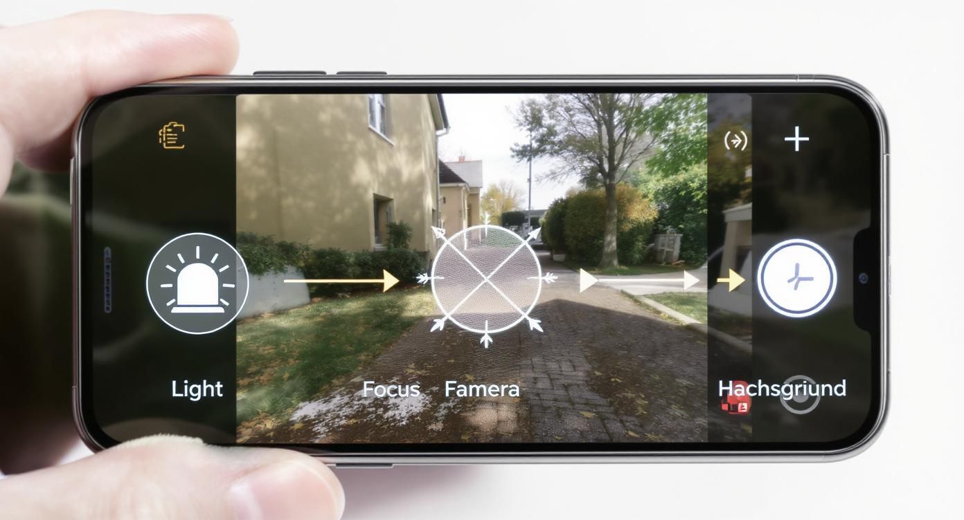 Smartphone zeigt Kamera-Interface mit Einstellungen für Licht, Fokus und Hintergrund in einer Wohnstraße.