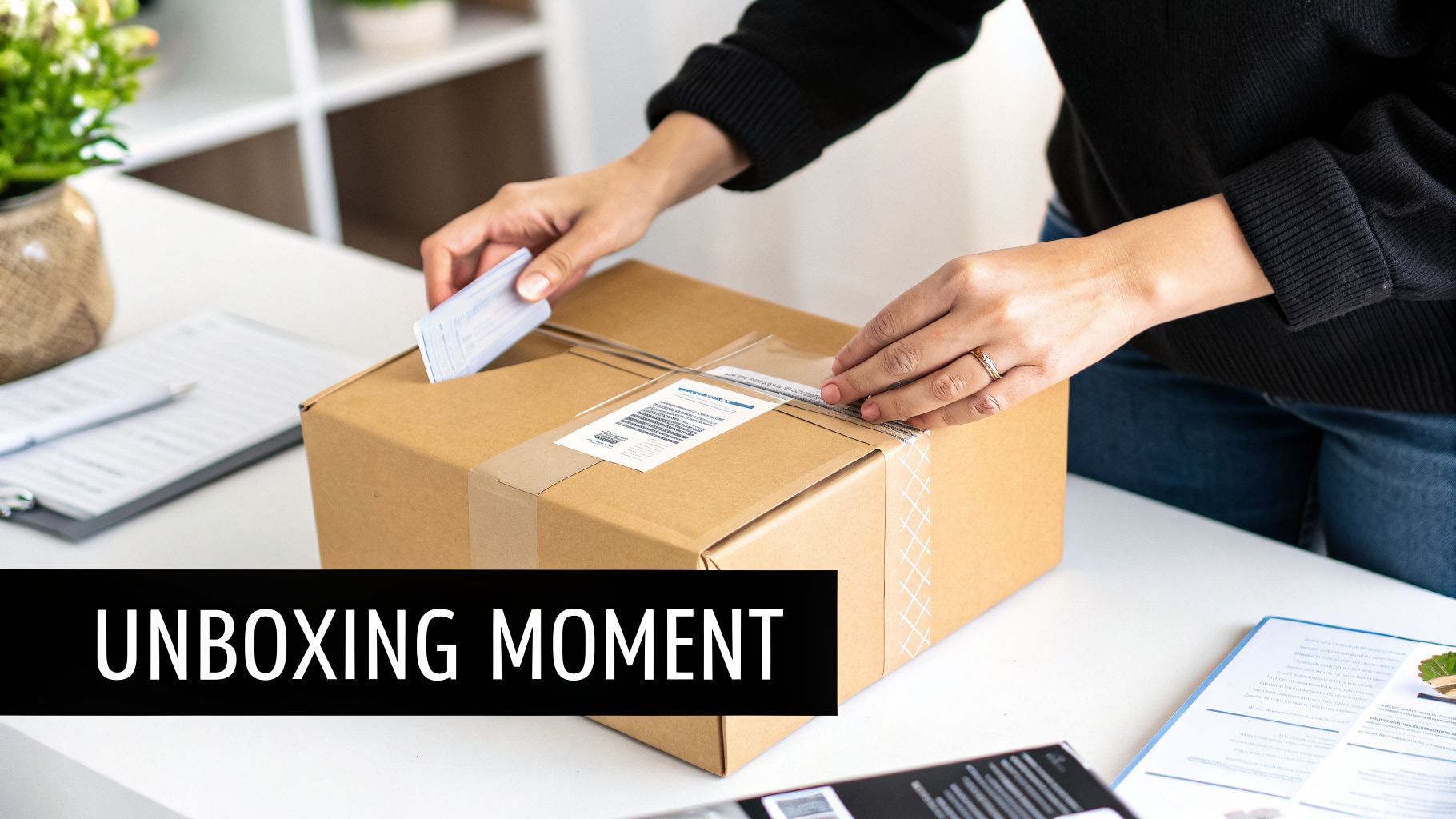 Hands unboxing a package on a white table, revealing the contents of a recent delivery.
