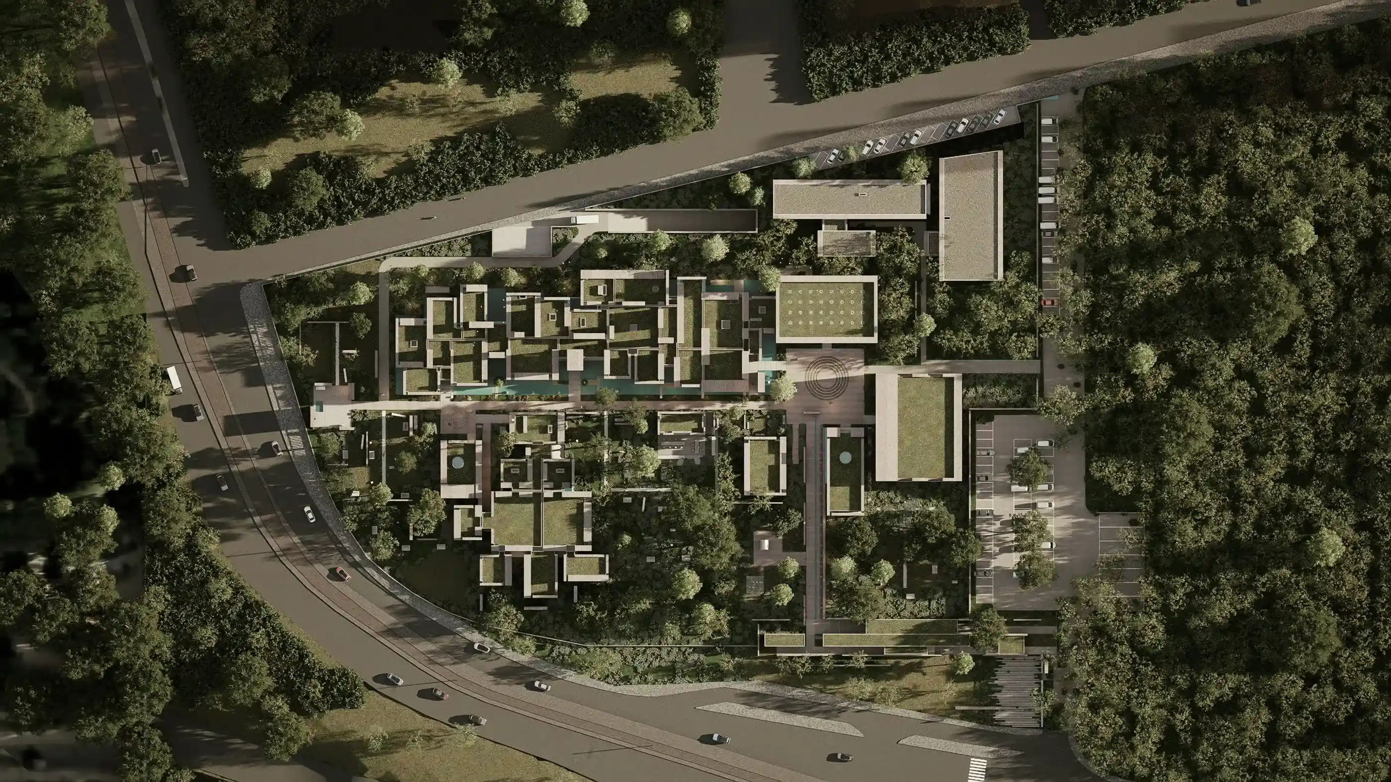 Antalya Archaeological Museum, aerial view of the fragmented museum buildings set within a wooded site