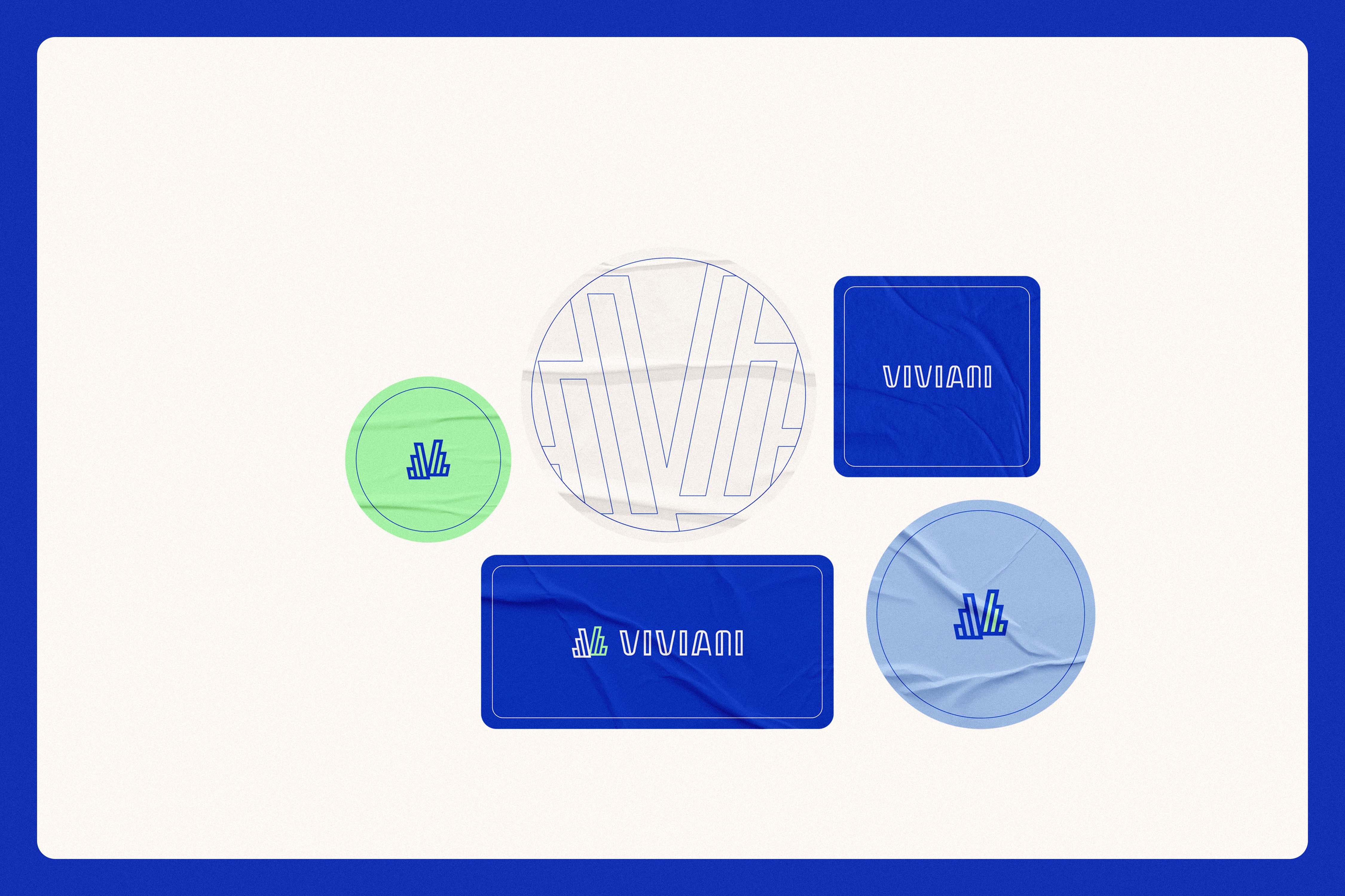 Sticker set with circular and rectangular logo variations on white, blue and green background - Viviani, an office supplies brand identity.