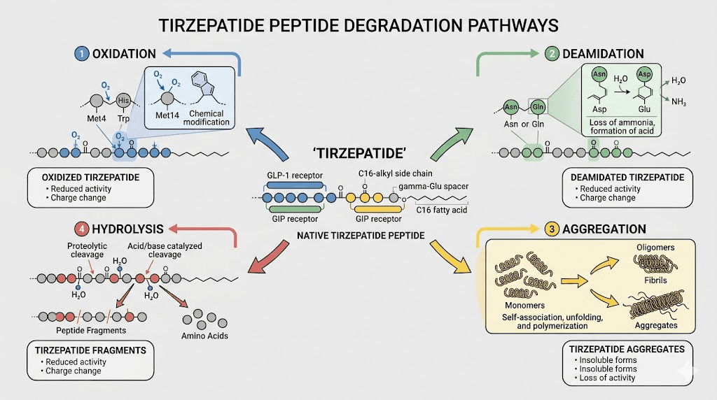 Tirzepatide peptide degradation pathways molecular diagram