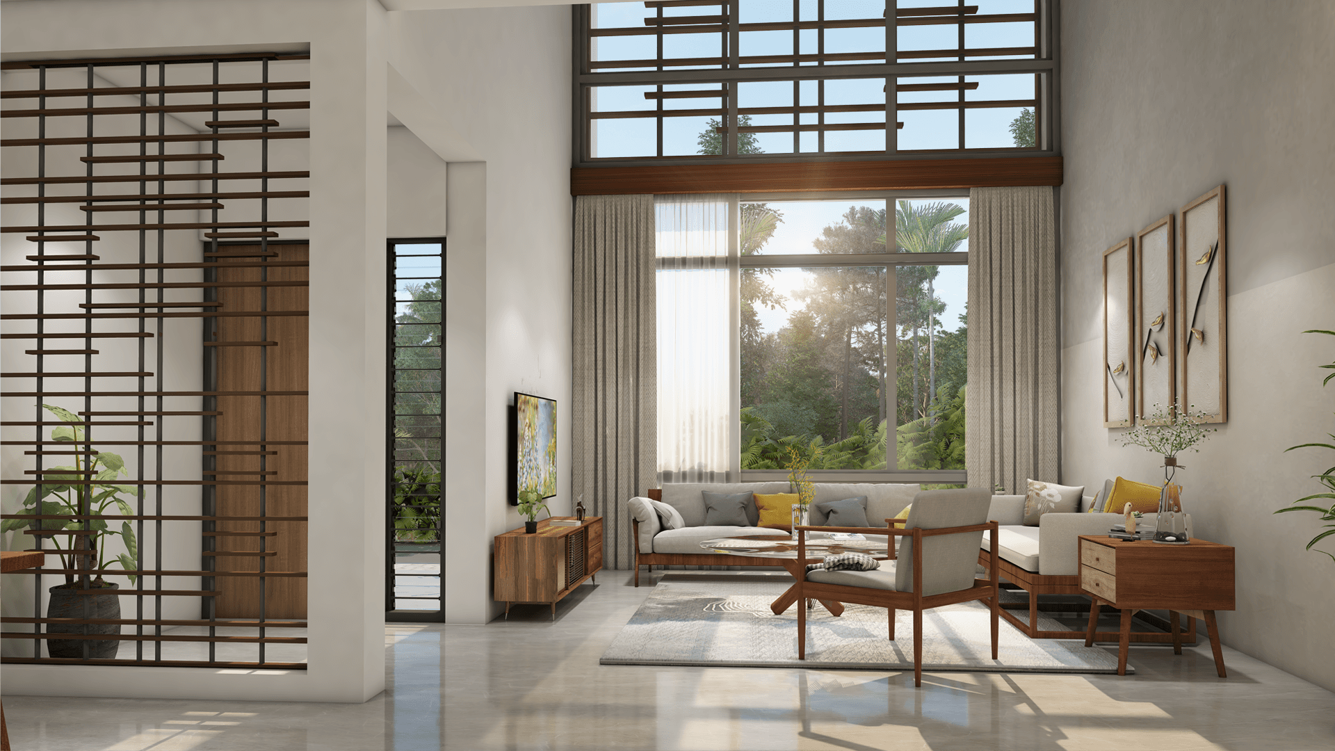 Close-up of a green parrot with an orange beak peeking through green leaves