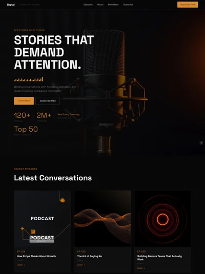 Dark near-black and amber podcast website with animated waveform and Space Grotesk headline