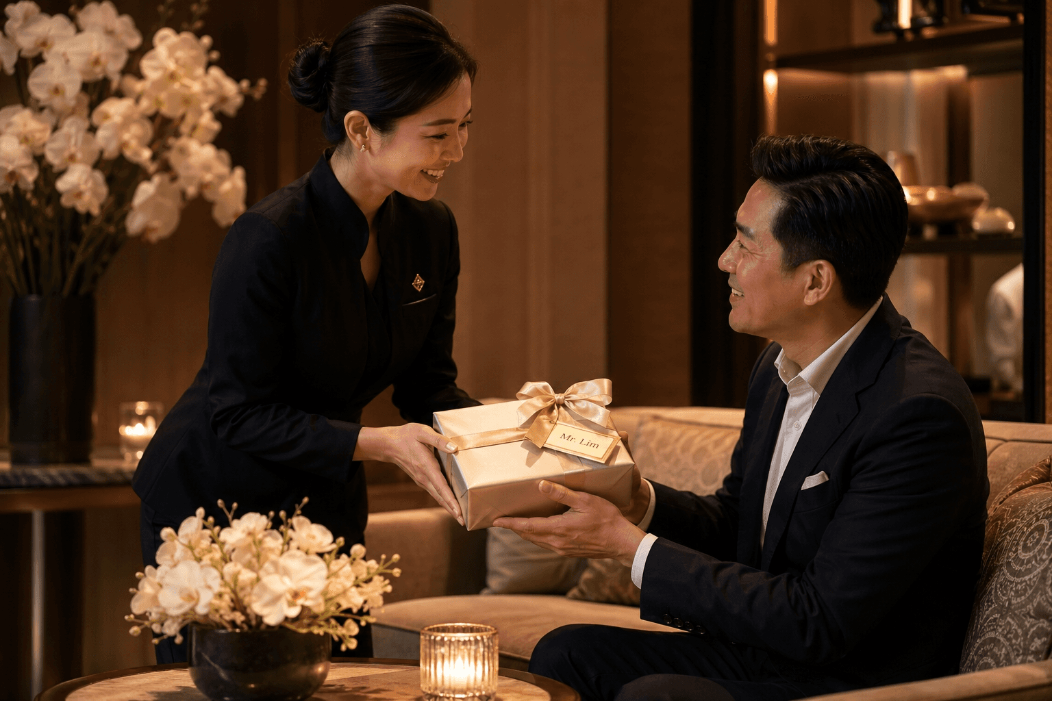 香港私人派對策劃師於VIP聚會中遞上精美禮物，專業統籌高端社交活動、生日及入伙派對，展現精緻服務細節。